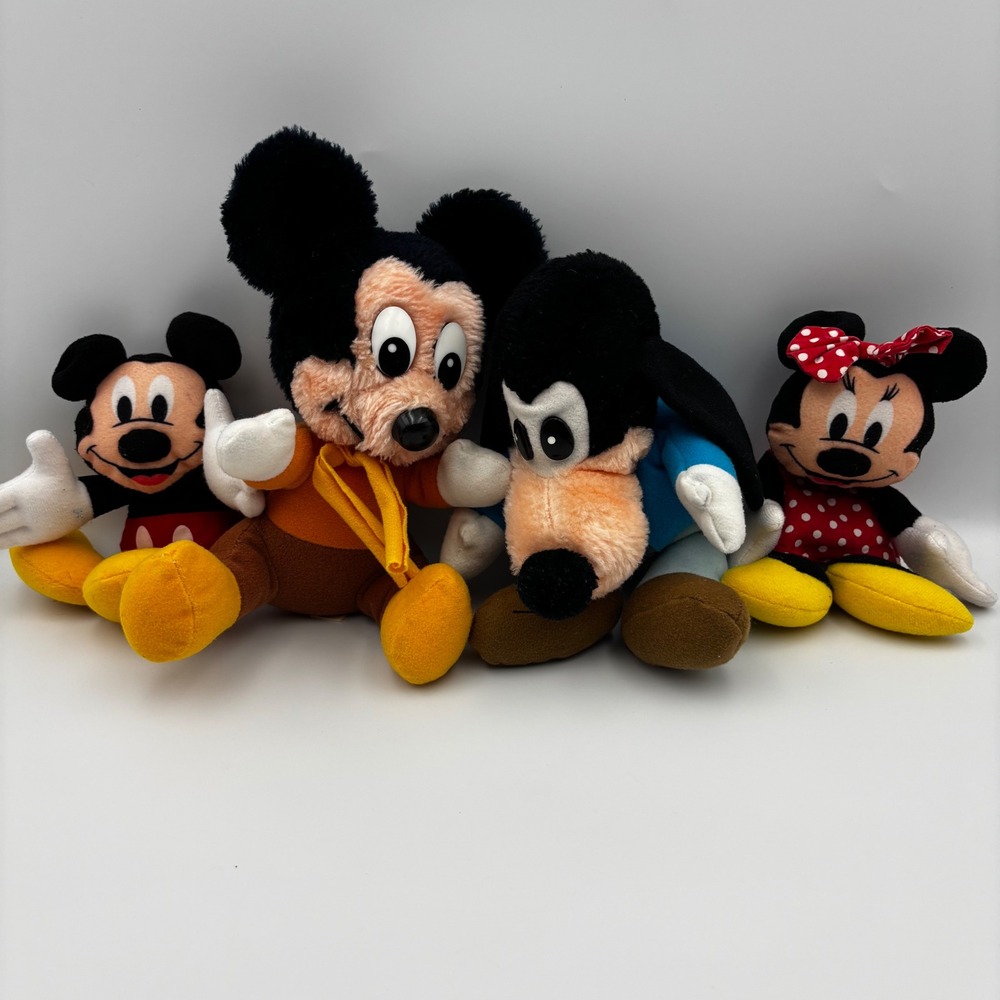 Vintage Disney Plush Lot Mickey Minnie Mouse Goofy Bean Bag Toys 4pc Set
